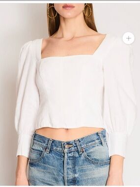 REFORMATION White Linen Ballon Sleeve Top With Ribbed and Corset Detail Size 8